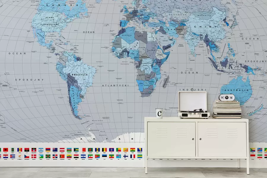 murales de pared Un mapa político del mundo con banderas en tonos azules. En polaco c00004plv3