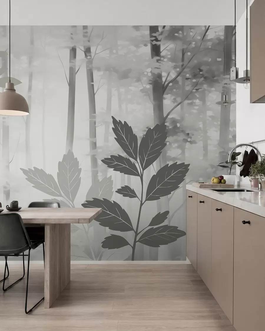 murales de pared Siluetas de vegetación con un bosque abstracto de fondo w05586v1