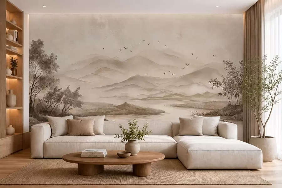 murales de pared Paisaje de montaña brumoso con un río y pájaros w05535