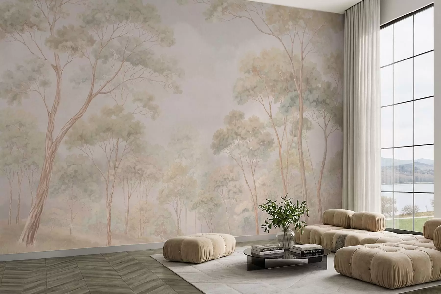 murales de pared Escena forestal luminosa con árboles altos w05624