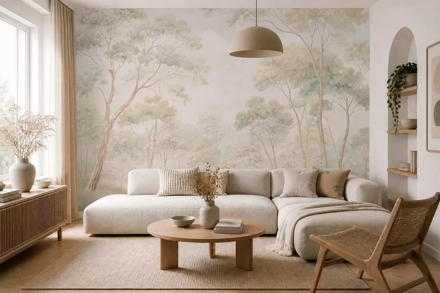murales de pared Escena forestal luminosa con árboles altos w05624