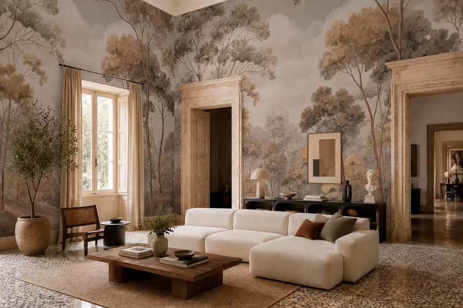 murales de pared Un cálido paisaje forestal en tonos naturales w05624v2