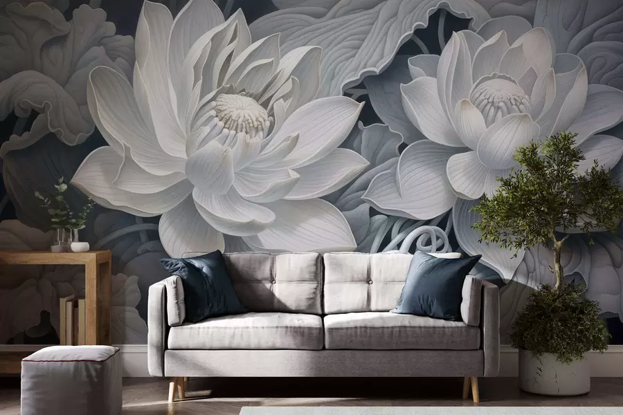 murales de pared Flores de loto de estilo vintage con suaves tonos sepia y pétalos detallados; ilustración botánica artística w05494