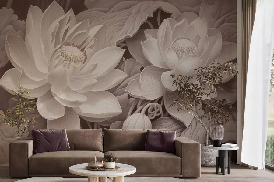 murales de pared Flores de loto de estilo vintage con suaves tonos sepia y pétalos detallados; ilustración botánica artística w05494v1