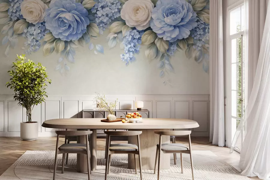 murales de pared Delicadas rosas y ramilletes florales en una composición botánica de inspiración porcelánica, con pétalos suaves dispuestos en capas y elegantes hojas onduladas w05495
