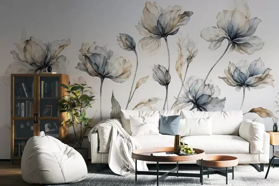 murales de pared Flores elegantes y ligeras, con pétalos translúcidos en capas y tallos largos y delicados w05579