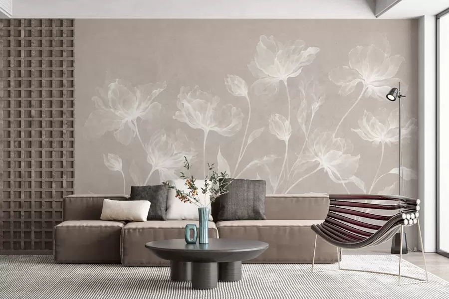 murales de pared Flores elegantes y ligeras, con pétalos translúcidos en capas y tallos largos y delicados w05579v1