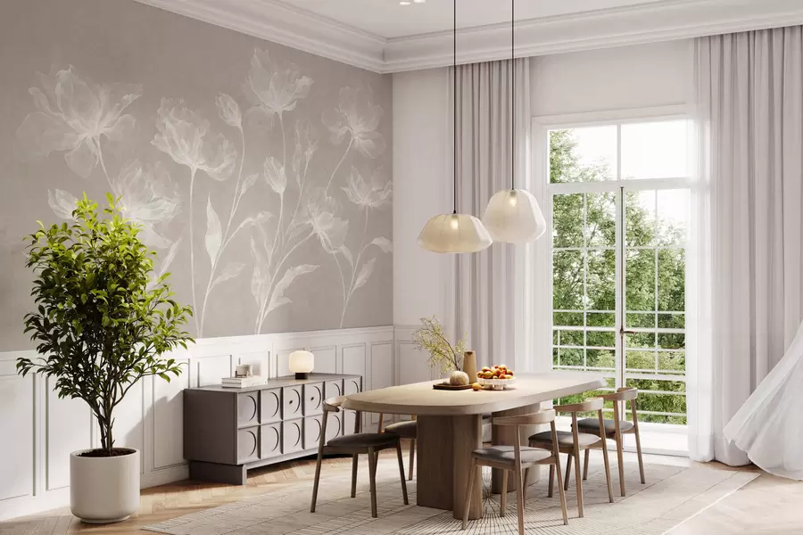 murales de pared Flores elegantes y ligeras, con pétalos translúcidos en capas y tallos largos y delicados w05579v1