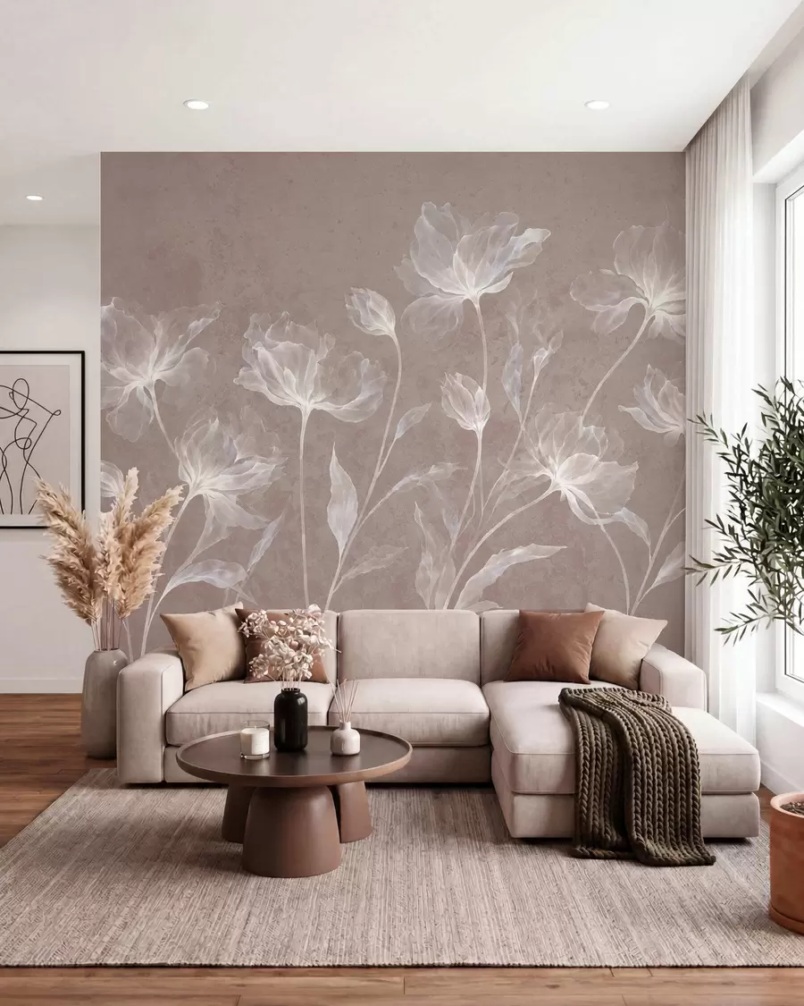 murales de pared Flores elegantes y ligeras, con pétalos translúcidos en capas y tallos largos y delicados w05579v3