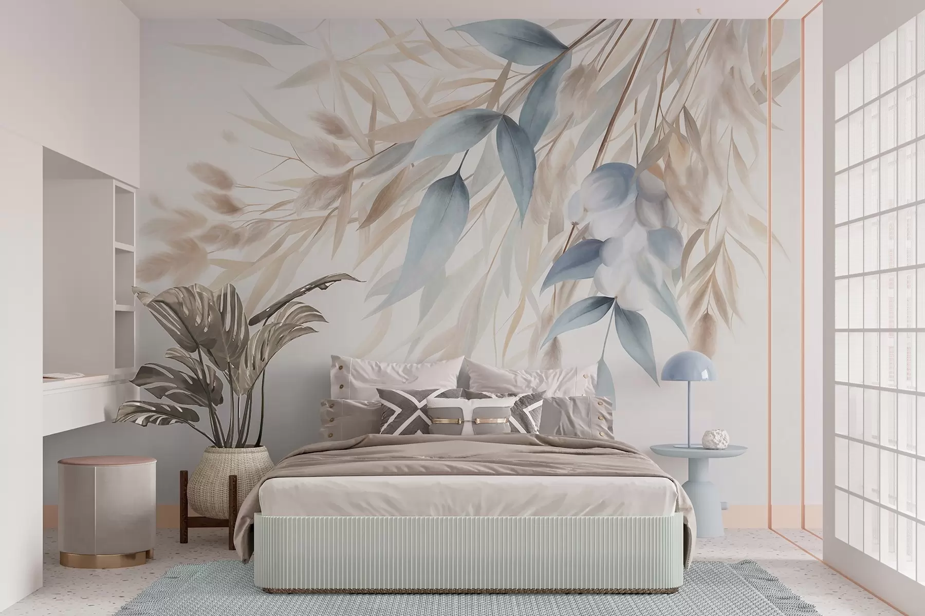 murales de pared Hierba seca con textura, hierba de la pampa y hojas azules, pintadas con un estilo suave, al estilo de la acuarela w09868