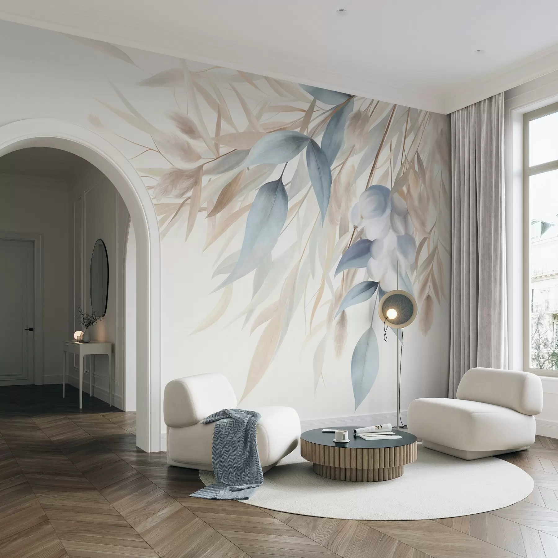 murales de pared Hierba seca con textura, hierba de la pampa y hojas azules, pintadas con un estilo suave, al estilo de la acuarela w09868