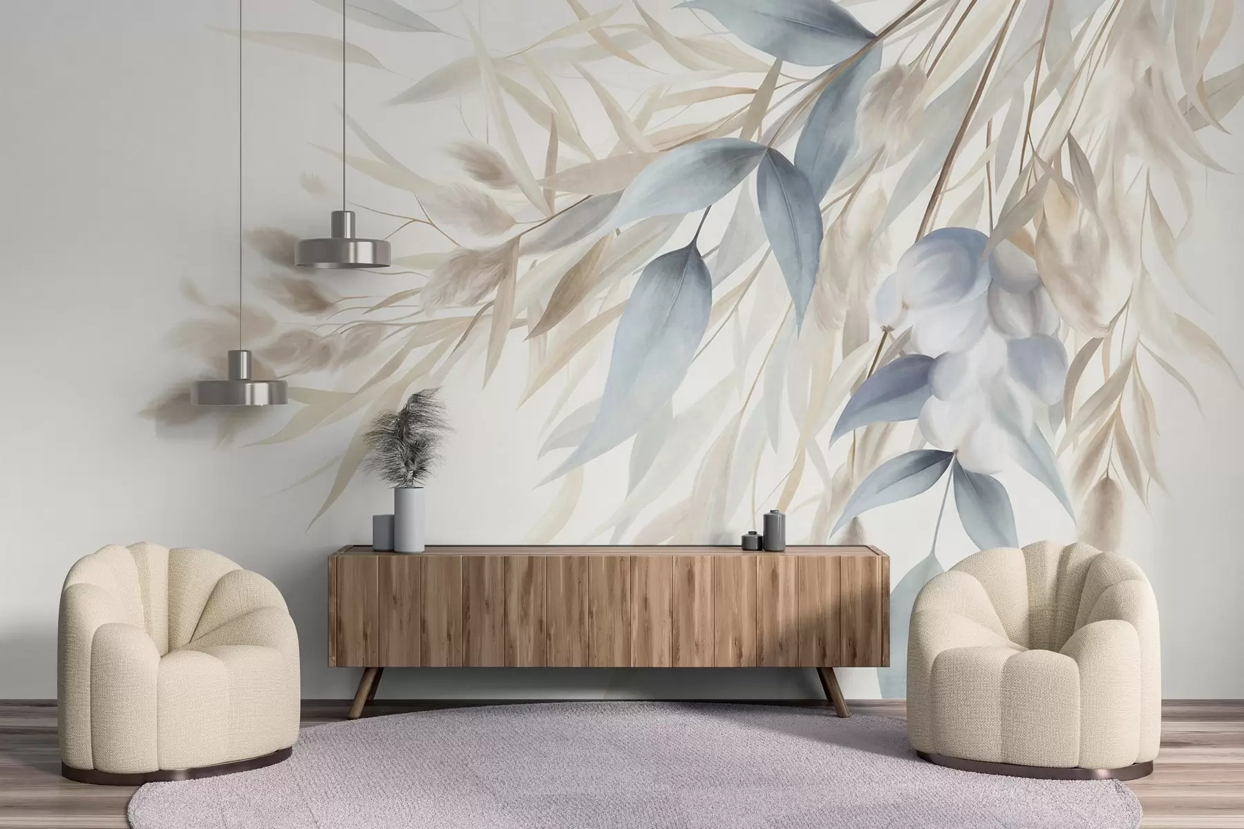 murales de pared Hierba seca con textura, hierba de la pampa y hojas azules, pintadas con un estilo suave, al estilo de la acuarela w09868