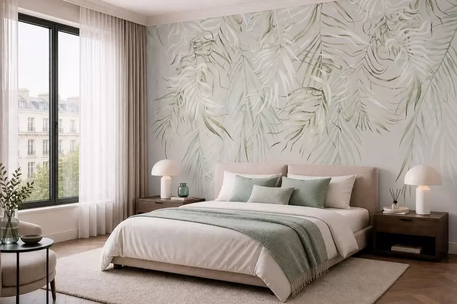 murales de pared Hojas tropicales en tonos pastel sobre un fondo claro w05627