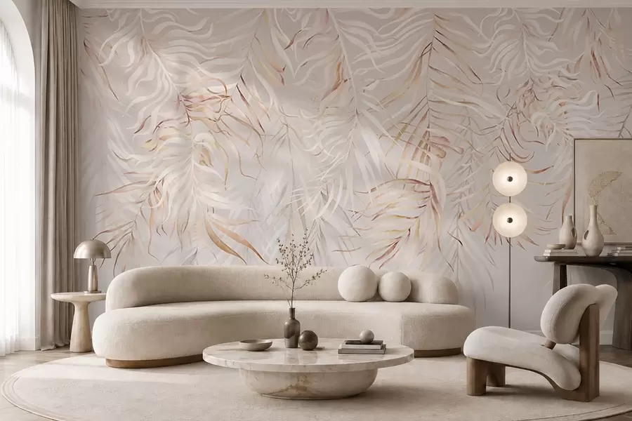 murales de pared Hojas tropicales claras sobre fondo beige w05627v2