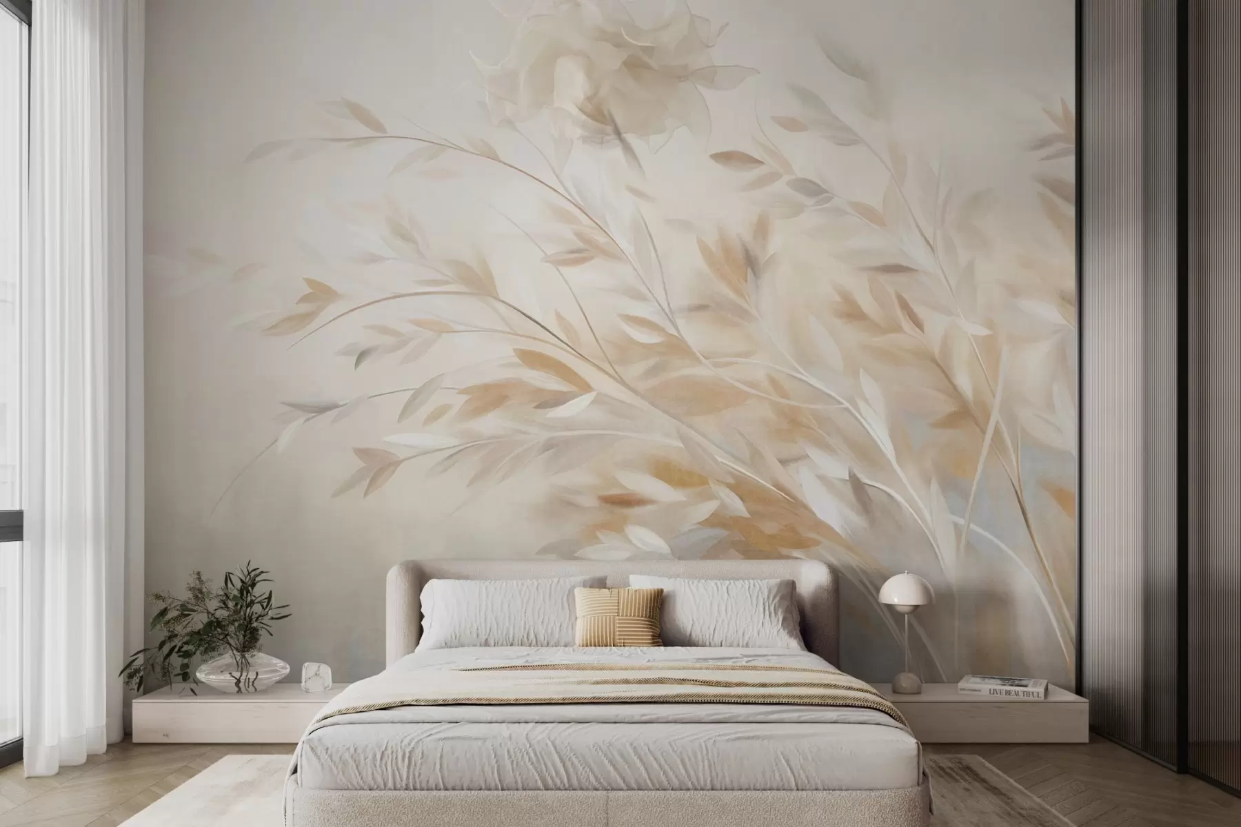 murales de pared Tallos de hierba con textura y hojas, que se mecen suavemente sobre un fondo suave y apagado w09752
