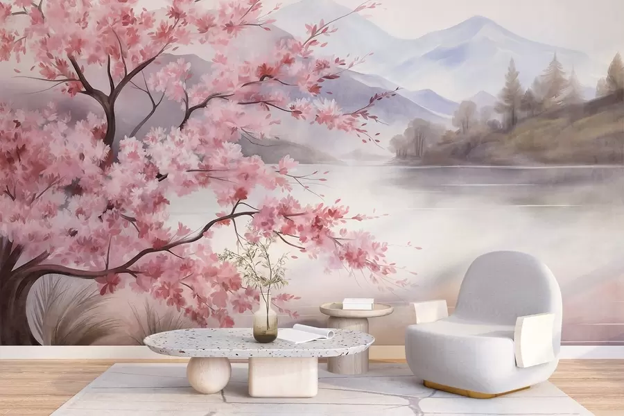 murales de pared Paisaje: un árbol con flores rosas, un lago y montañas envueltas en niebla al fondo w09870