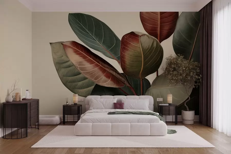 murales de pared Hojas grandes y texturizadas, con tonos variados de verde, rojo y marrón sobre un fondo claro w09891