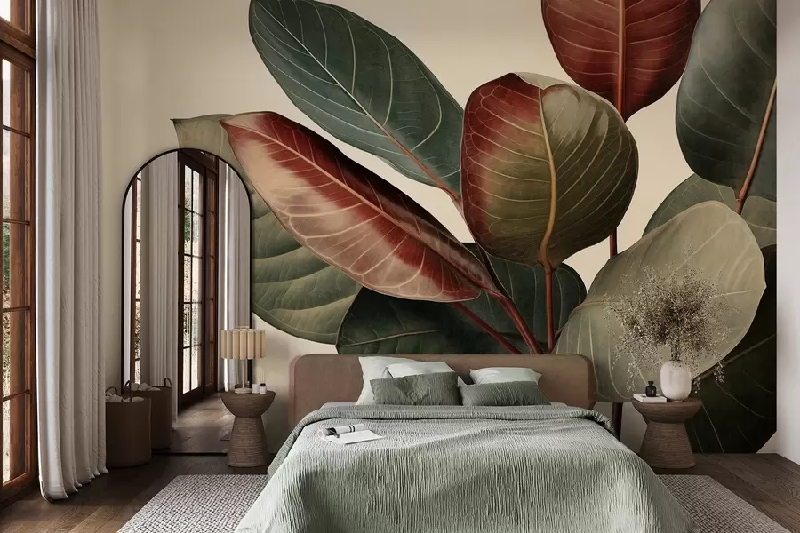 murales de pared Hojas grandes y texturizadas, con tonos variados de verde, rojo y marrón sobre un fondo claro w09891
