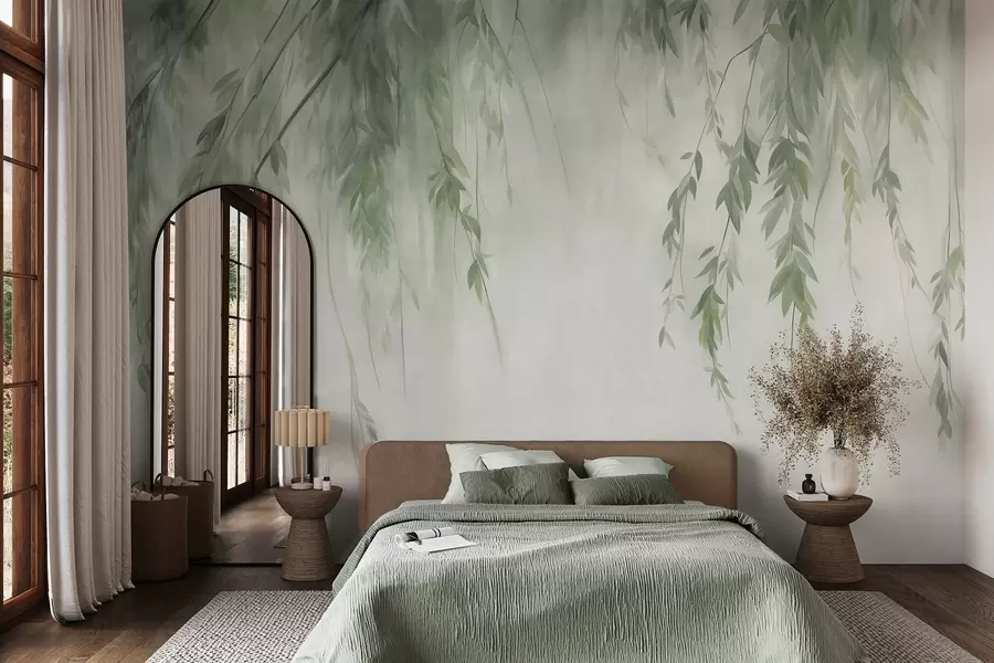 murales de pared Ramas de sauce con hojas de color verde pálido que cuelgan sobre un fondo tenue, al estilo de la acuarela w09893v1