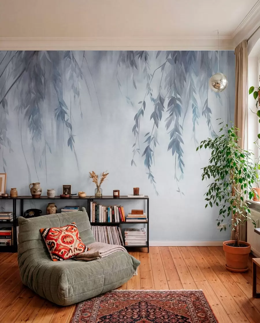 murales de pared Ramas de sauce con hojas de color azul pálido que cuelgan sobre un fondo tenue, al estilo de una acuarela w09893v2