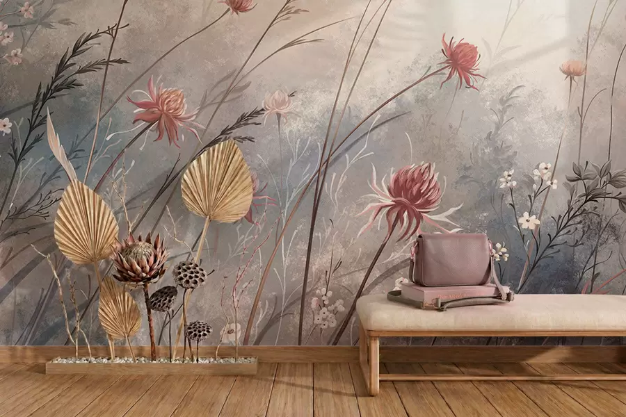 murales de pared Delicadas flores silvestres en un paisaje brumoso en tonos pastel w05538