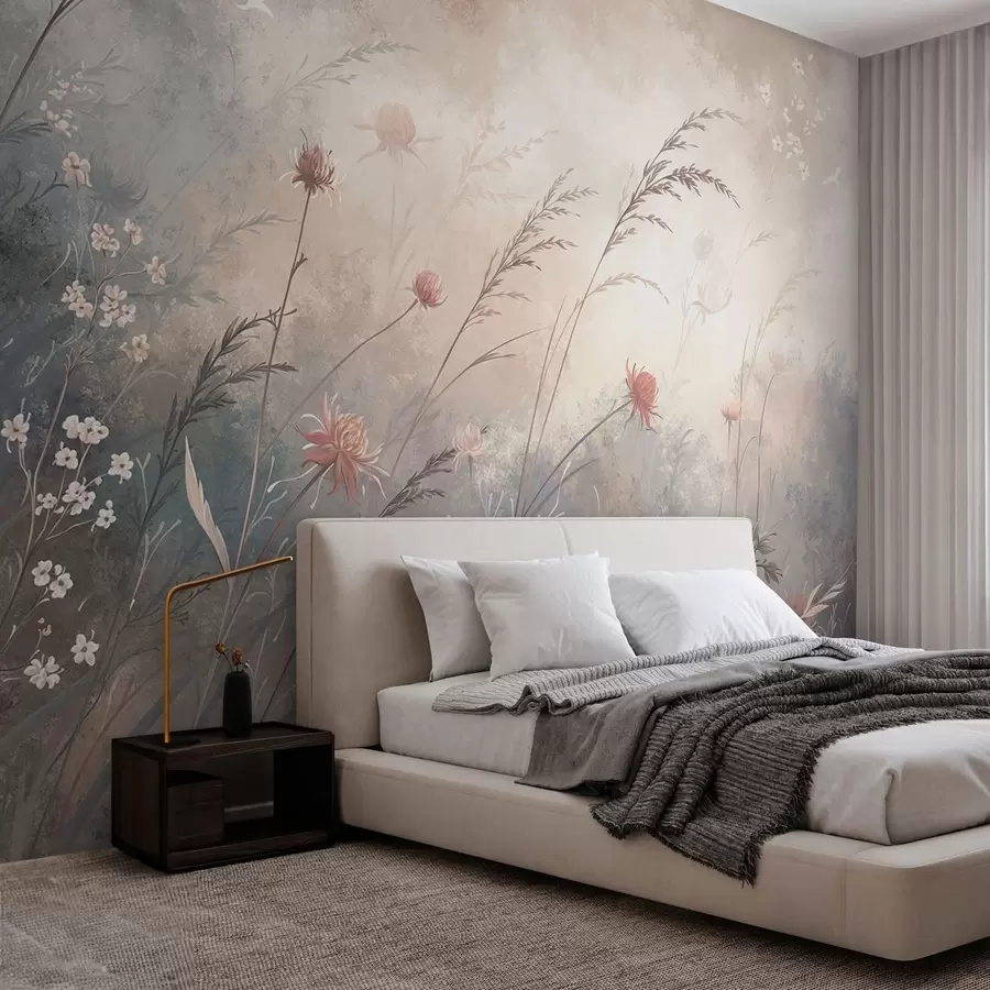 murales de pared Flores silvestres en tonos pastel sobre un fondo suave y difuminado w05538v1