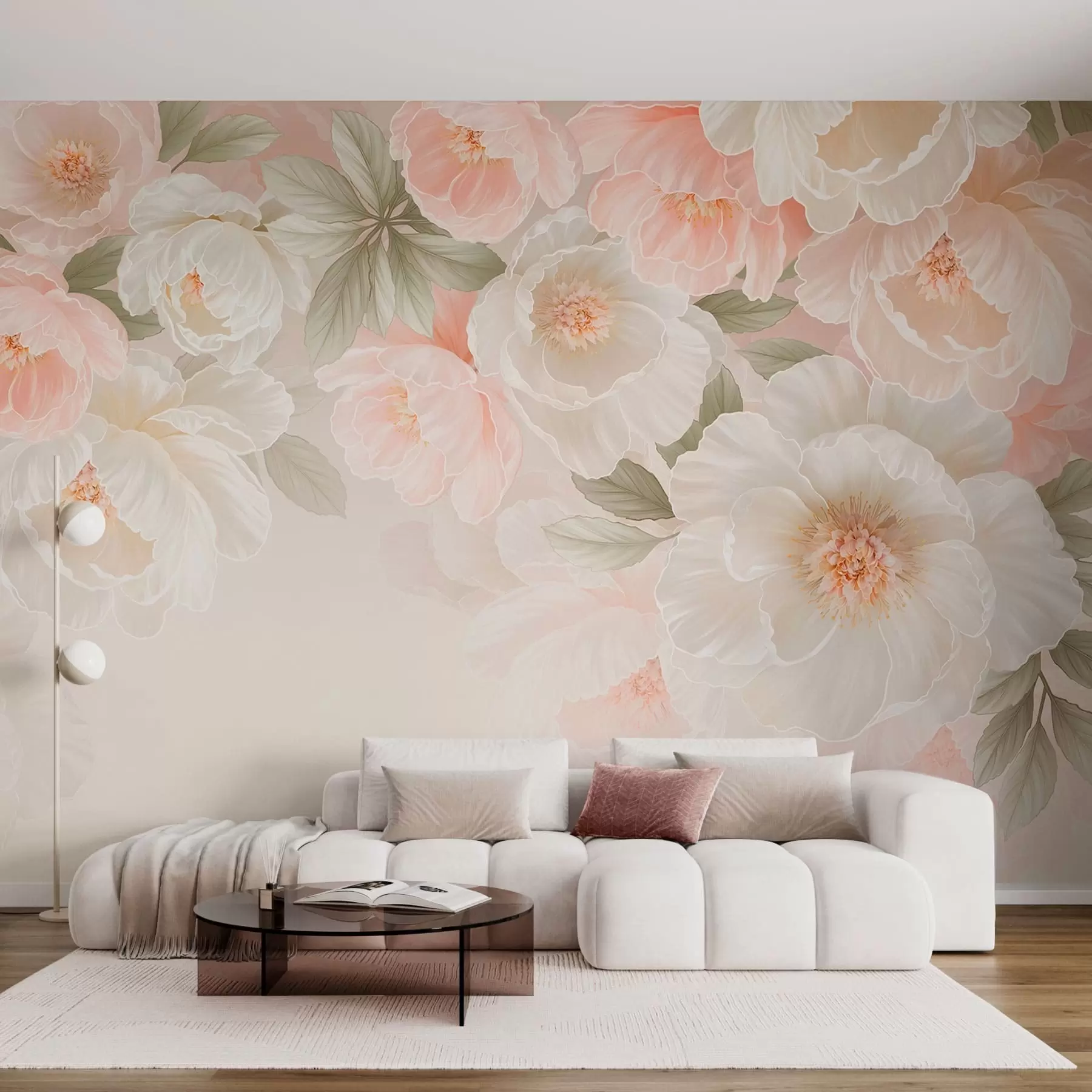 murales de pared Flores grandes y delicadas en tonos rosa y crema w05540