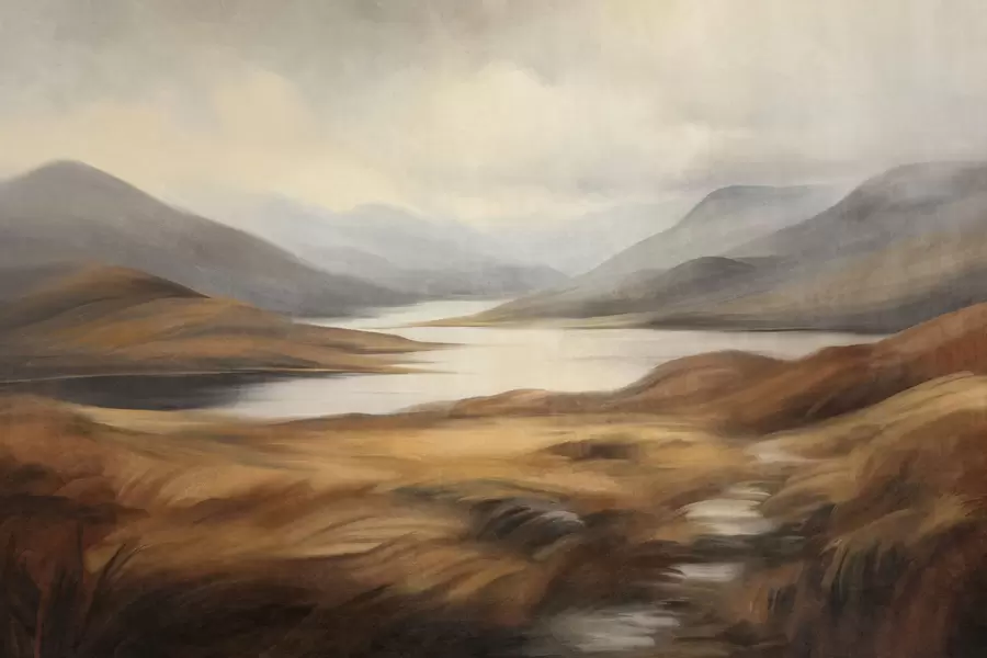 murales de pared Paisaje con relieve, un lago rodeado de colinas y montañas bajo un cielo nublado con hierba seca w09756