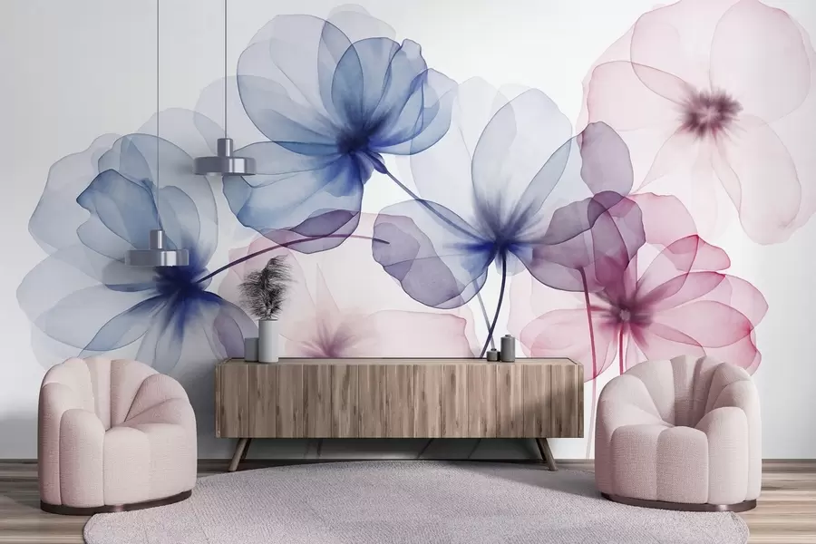 murales de pared Flores azules y rosas con textura translúcida sobre un fondo claro, con delicados pétalos superpuestos w09892