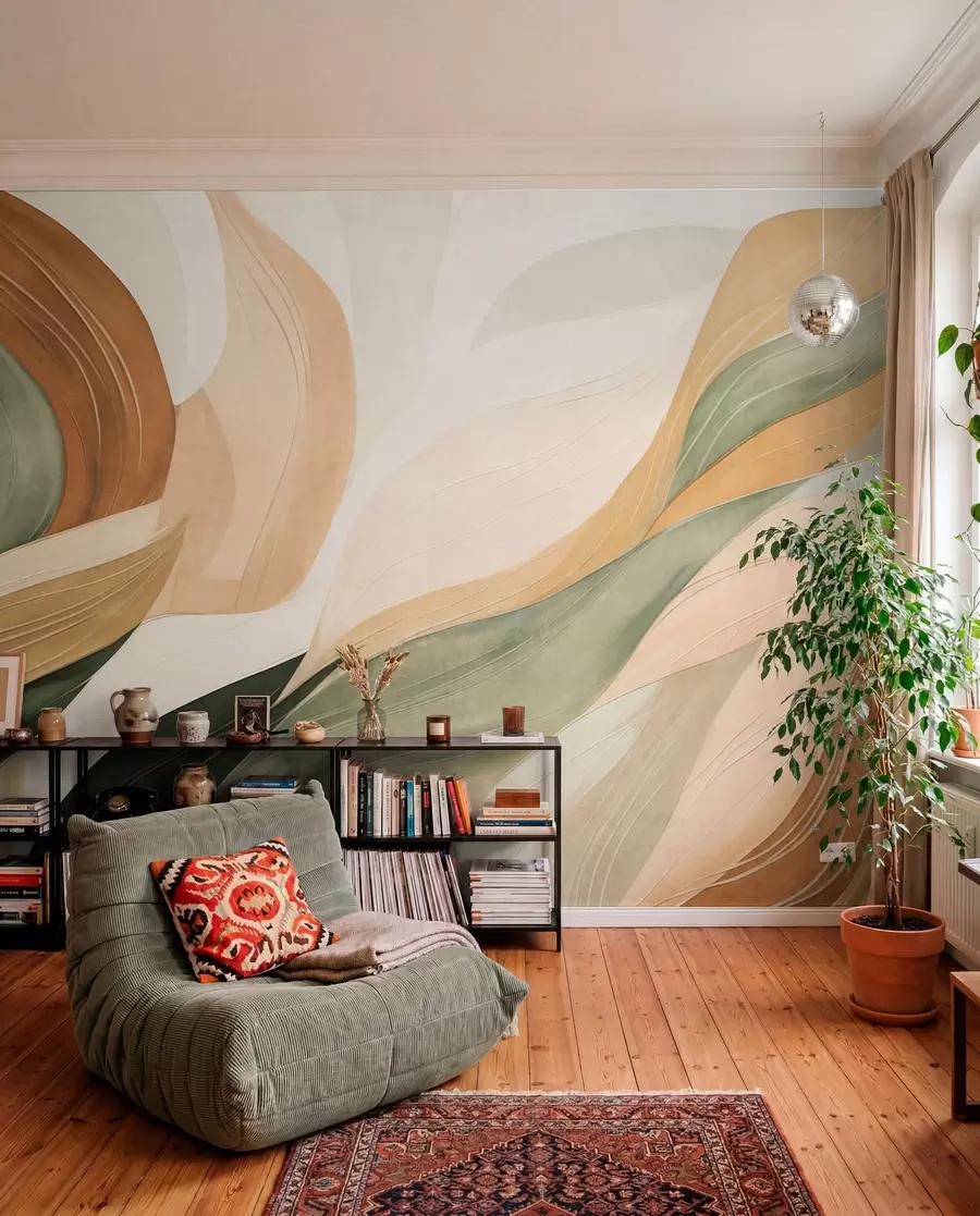 murales de pared Formas orgánicas abstractas en tonos tierra —verde, marrón y beige— con texturas fluidas w09894
