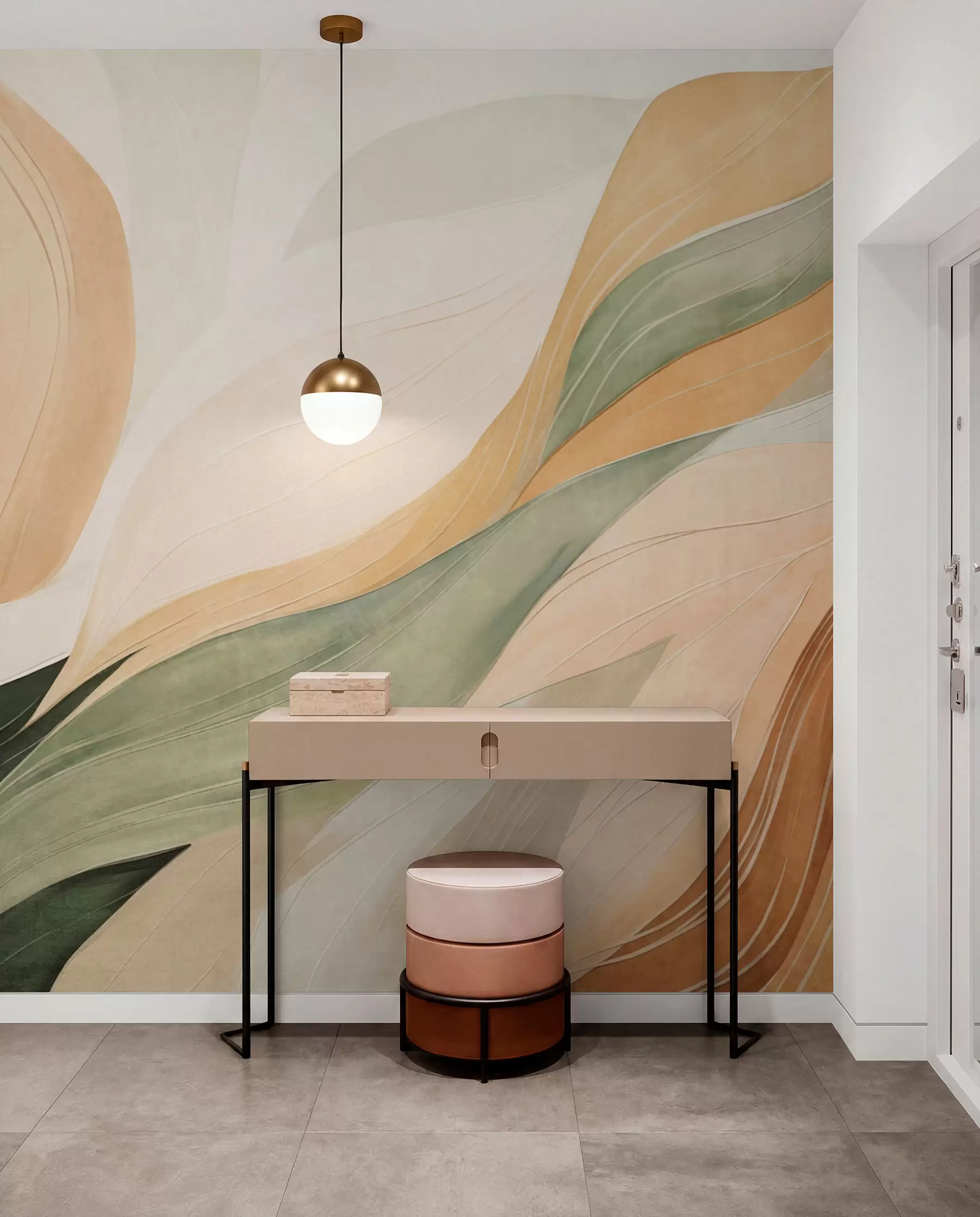 murales de pared Formas orgánicas abstractas en tonos tierra —verde, marrón y beige— con texturas fluidas w09894