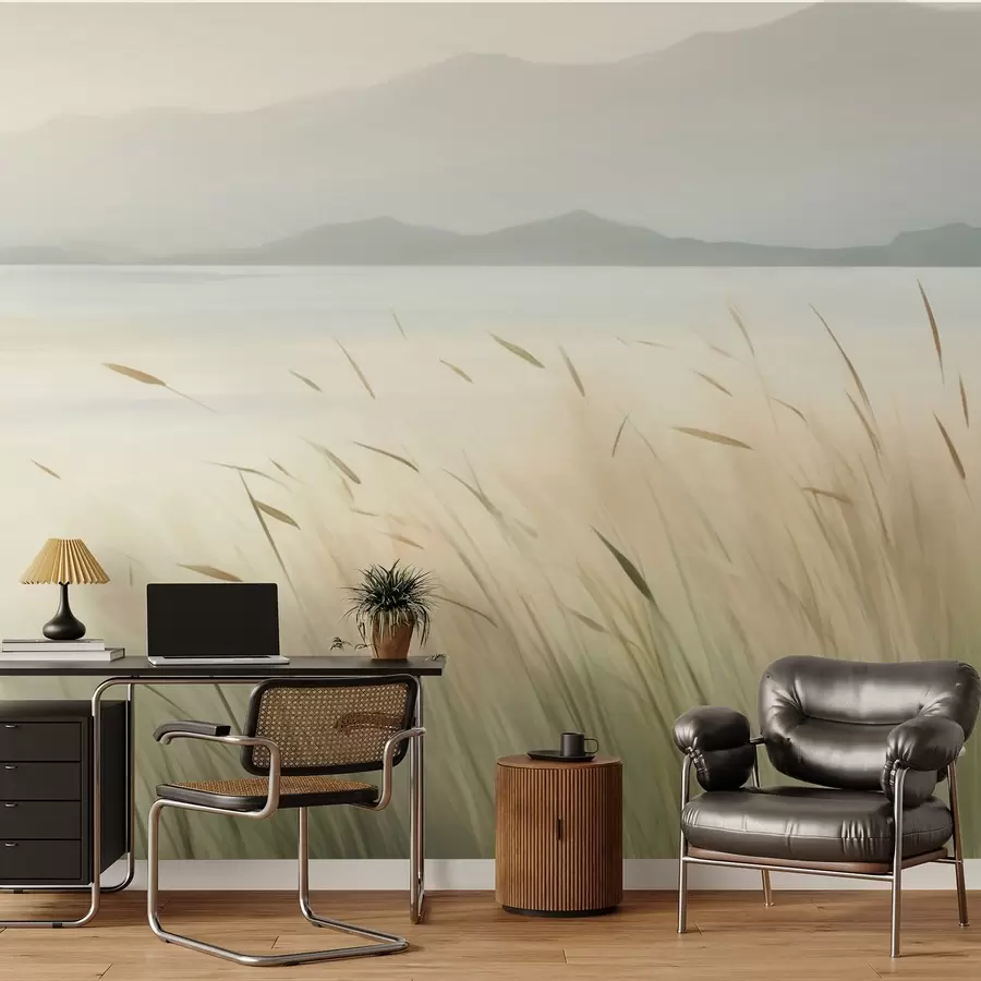murales de pared Césped junto al lago con las montañas al fondo w05668