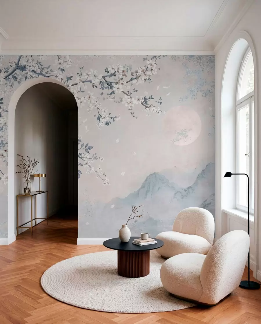 murales de pared Una delicada rama en flor sobre montañas envueltas en niebla y la luna w05695v2