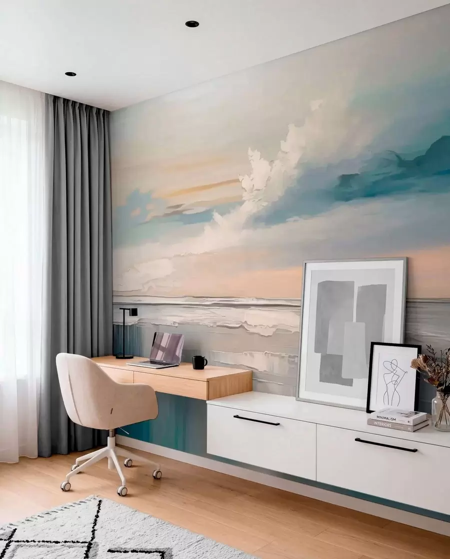 murales de pared Costa en tonos pastel con nubes y reflejos en el agua w05687