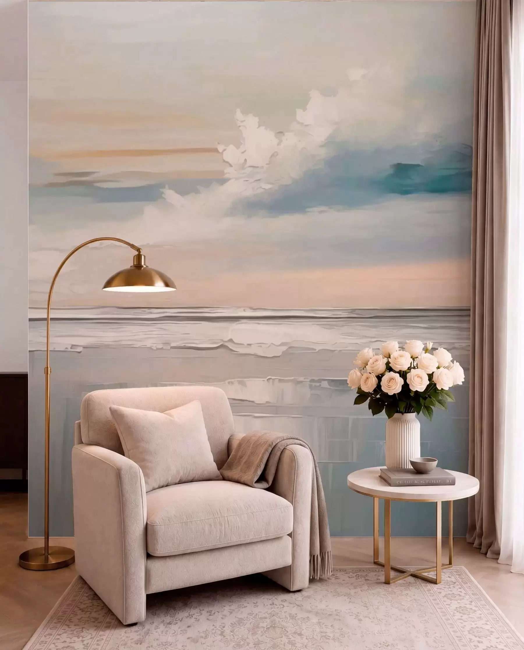 murales de pared Costa en tonos pastel con nubes y reflejos en el agua w05687