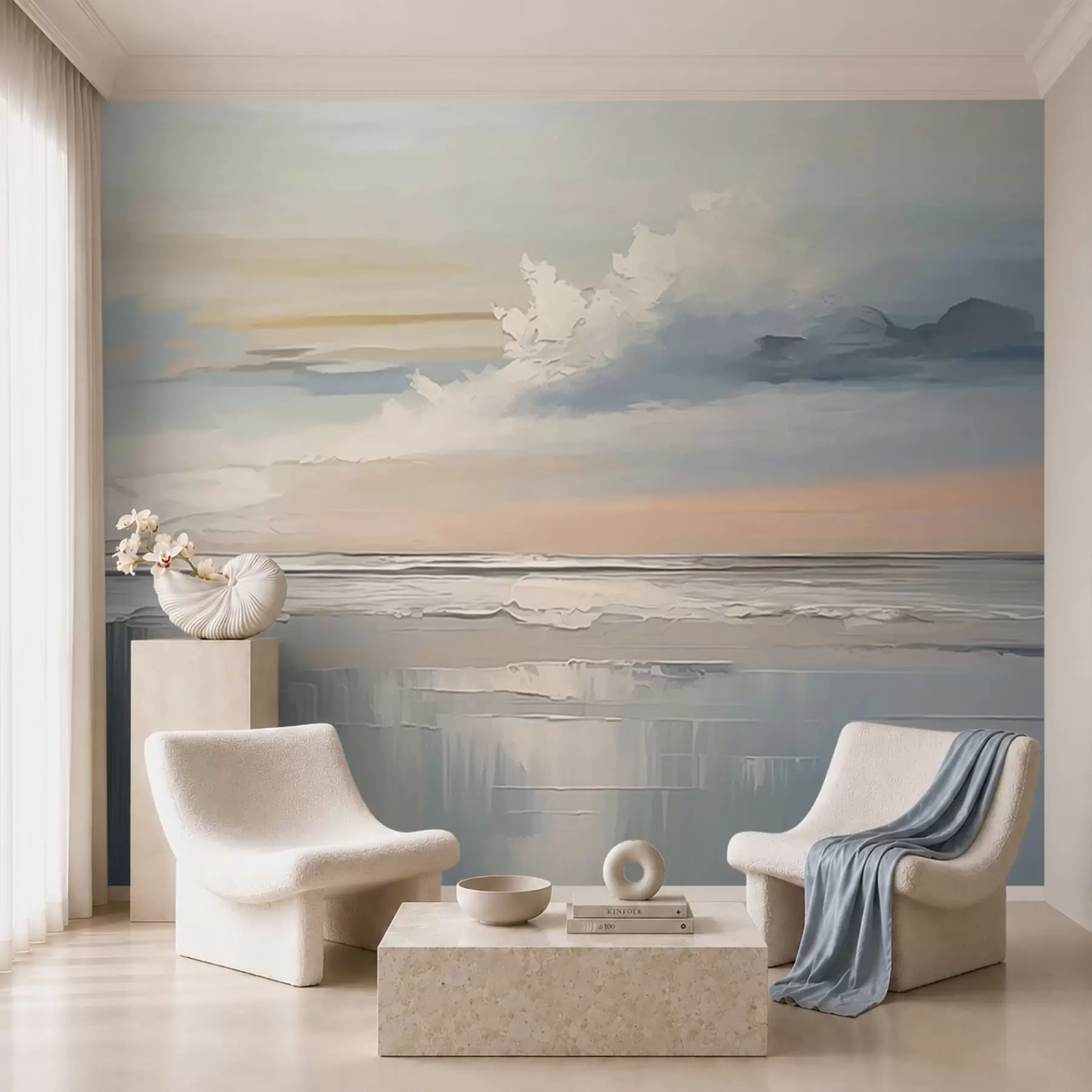 murales de pared Costa en tonos pastel con nubes y reflejos en el agua w05687
