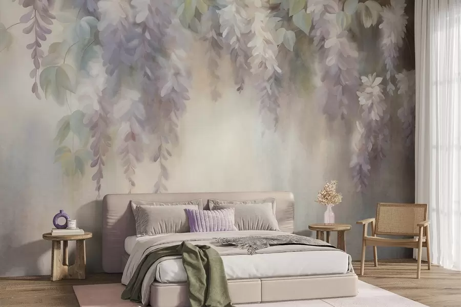 murales de pared Flores de glicinia de color morado claro con textura que cuelgan junto a hojas verdes, sobre un fondo en tonos pastel w09896
