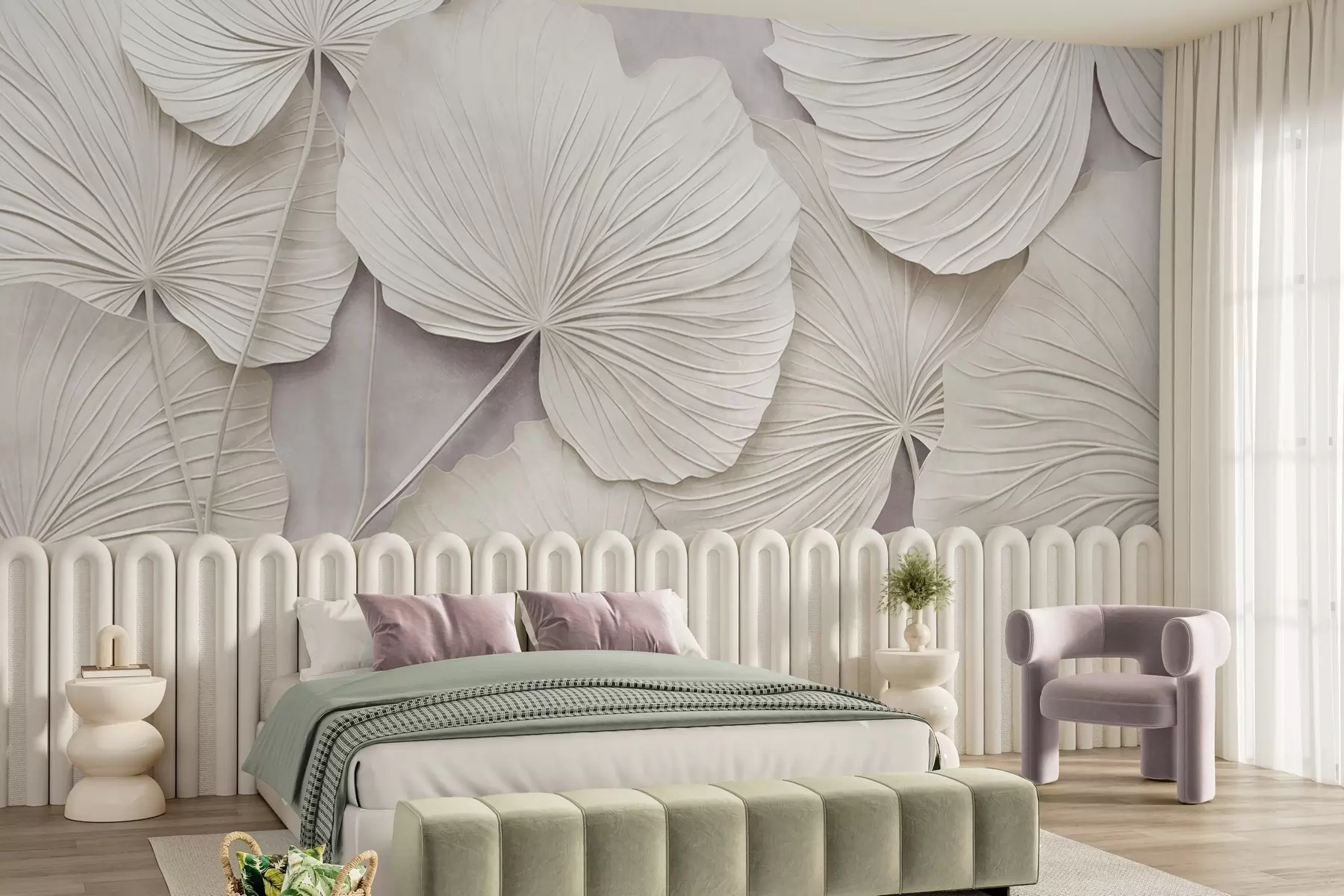 murales de pared Hojas grandes y con textura sobre un fondo suave y apagado; arte moderno minimalista w09897