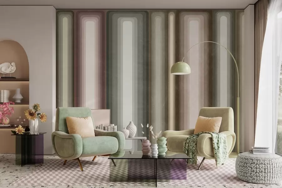 murales de pared Rectángulos verticales abstractos con textura y esquinas redondeadas, en tonos apagados de marrón, beige y rosa pálido w09905