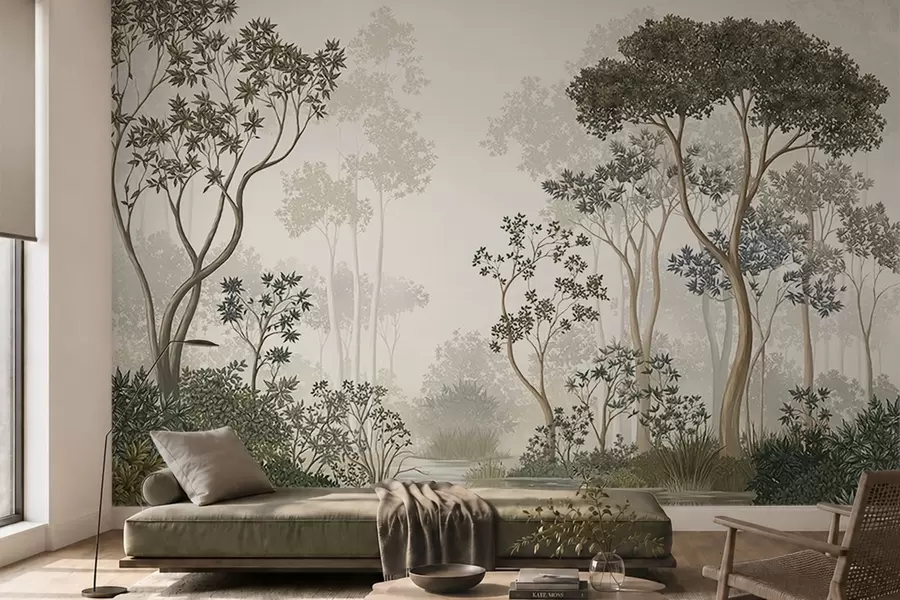 murales de pared Bosque brumoso con árboles y un tranquilo curso de agua w05700