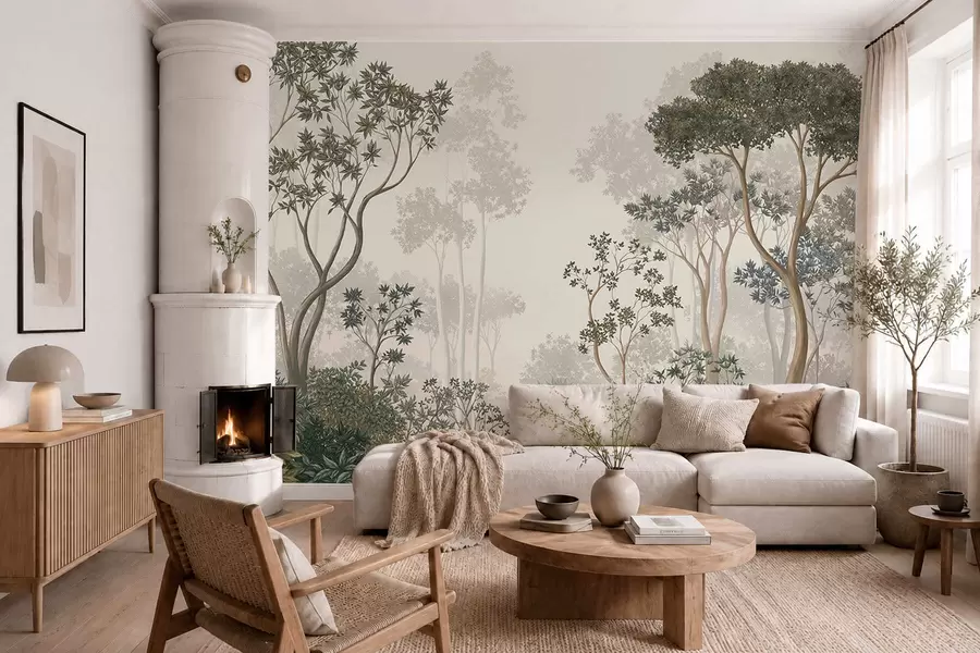 murales de pared Bosque brumoso con árboles y un tranquilo curso de agua w05700