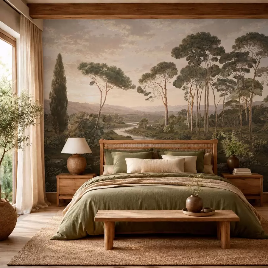 murales de pared Paisaje con río, árboles y colinas en la lejanía w05696