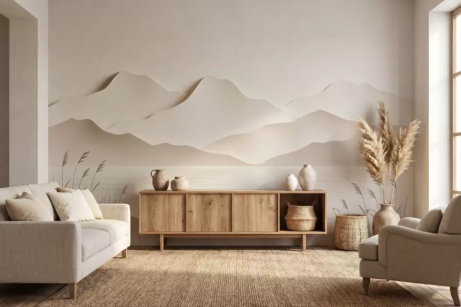murales de pared Paisaje montañoso con varias capas sobre un lago tranquilo, en una cálida gama de tonos beige w09876