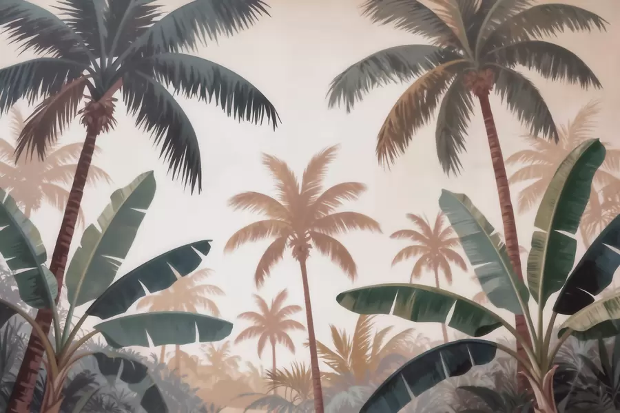 murales de pared Palmeras tropicales en una suave paleta de colores vintage con un ambiente brumoso de mañana w09884