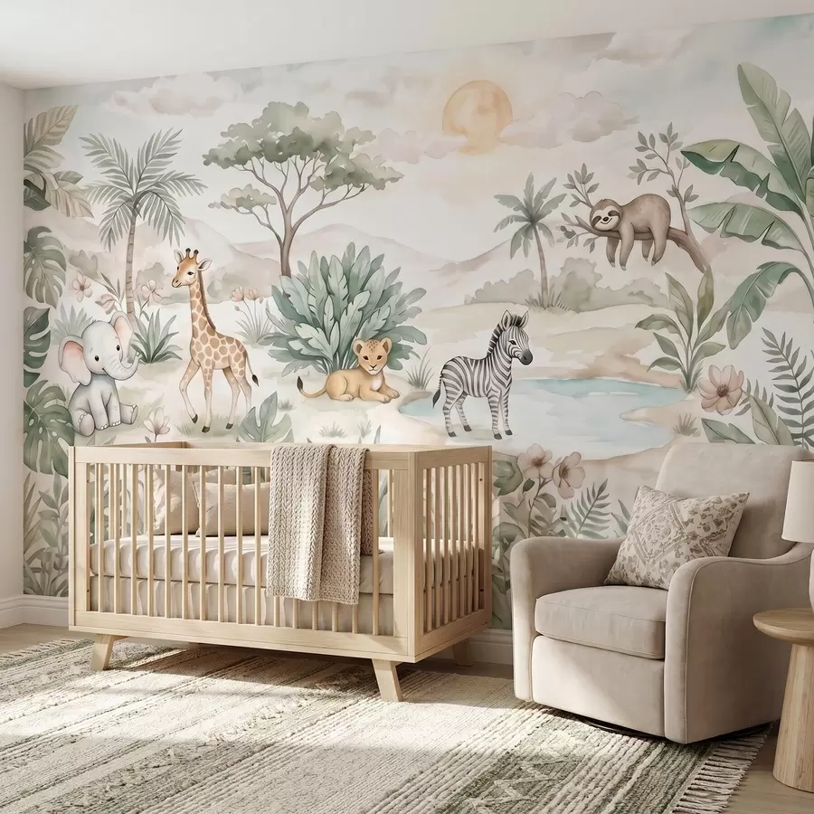 murales de pared Escena de safari pintada en acuarela con animales en delicados tonos pastel, en la que aparecen una jirafa, un elefante bebé, una cebra y un cachorro de león w09888