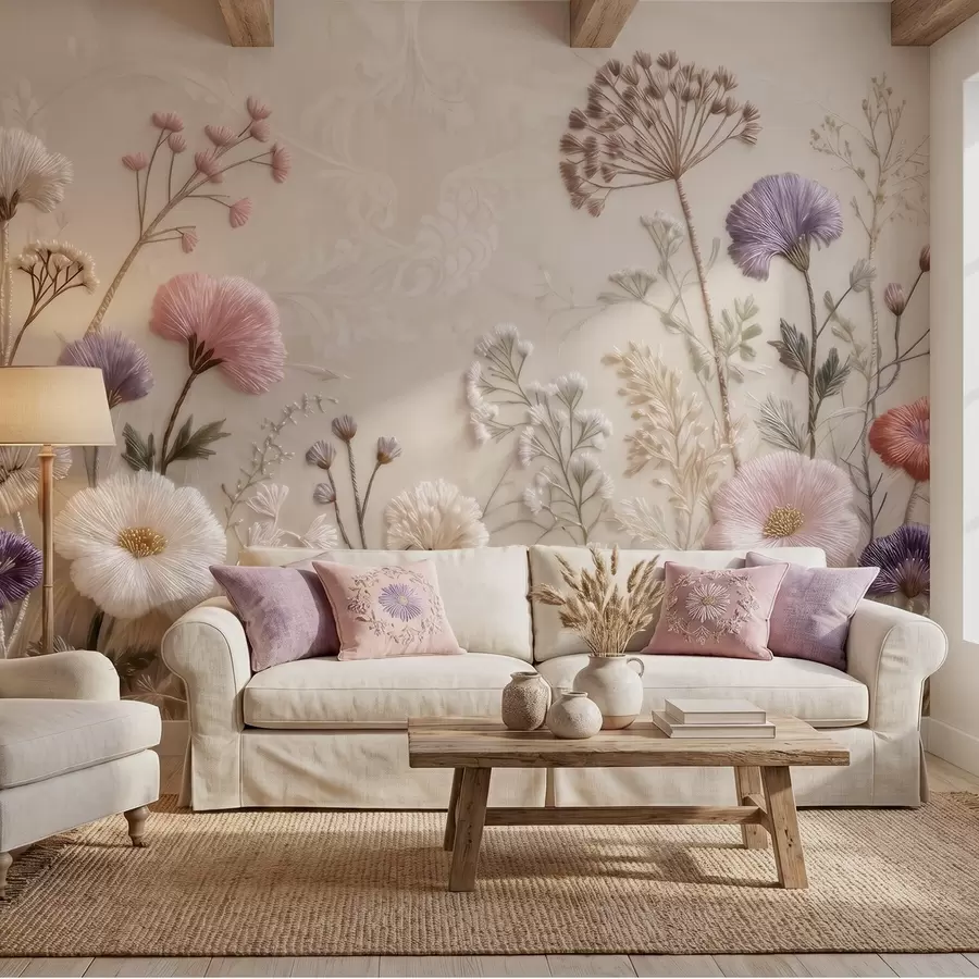murales de pared Flores silvestres tridimensionales con un efecto de bordado artesanal en una paleta de colores pastel w09874