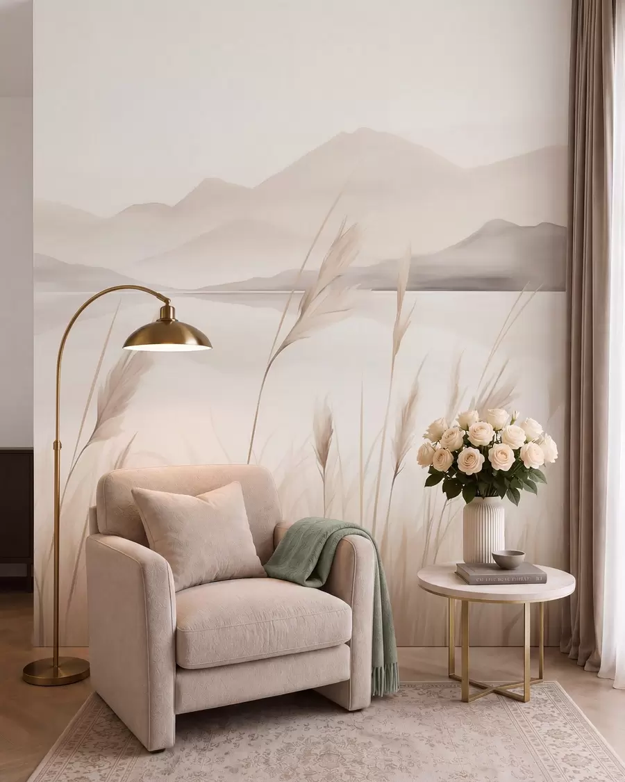 murales de pared Juncos junto a un lago con montañas al fondo, imitación de un cuadro w05704