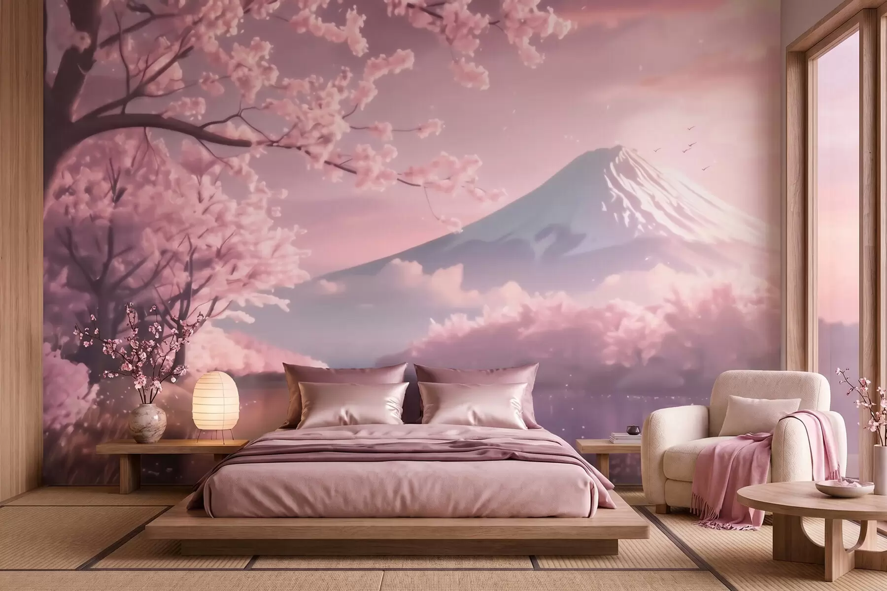 murales de pared Sereno paisaje japonés con cerezos en flor y un lago de montaña al amanecer w09864