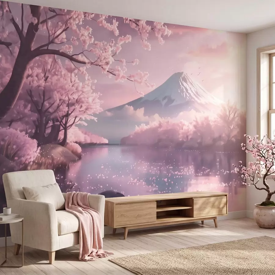 murales de pared Sereno paisaje japonés con cerezos en flor y un lago de montaña al amanecer w09864
