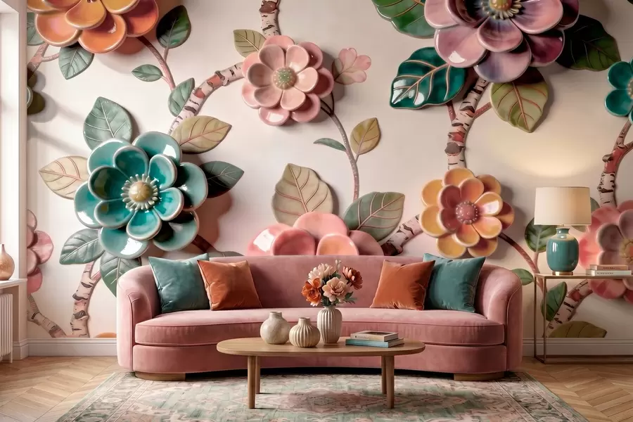 murales de pared Flores y hojas de cerámica tridimensionales en una paleta de colores vivos w09887v2